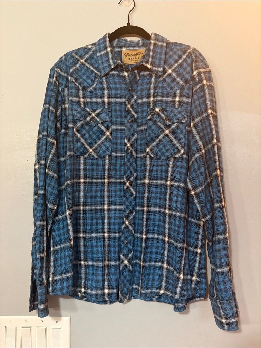 Wrangler Retro Men’s XL Blue Plaid Western Pearl Snap Shirt